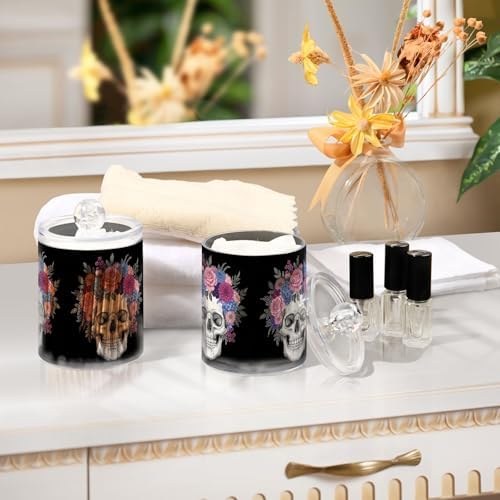 MNSRUU 2 Pack Qtip Holder Organizer Dispenser Skull and Flowers Bathroom Storage Canister Cotton Ball Holder Bathroom Containers for Cotton Swabs/Pads/Floss