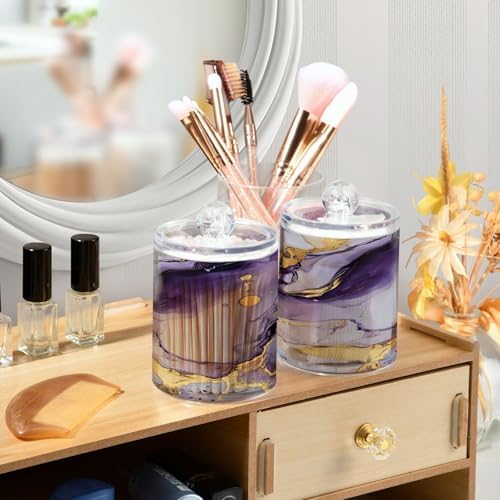 MNSRUU 4 Pack Qtip Holder Organizer Dispenser Purple Transparent Waves Marble Bathroom Containers Bathroom Vanity Storage Canister Apothecary Jars for Cotton Swabs/Pads/Floss