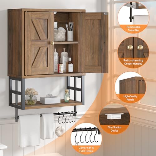 Bathroom Wall Cabinet, Farmhouse Medicine Storage with Towel Bar, Walnut