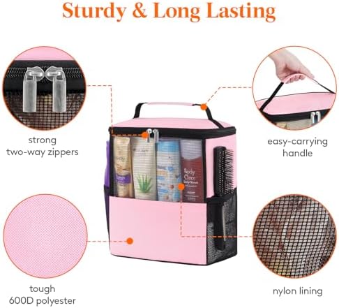 Lifewit Mesh Shower Caddy Bag Portable for College Dorm Room Essentials, Hanging Organizer Basket, Quick Dry Tote Bag for Camping, Bathroom, Beach, Travel, Large, Pink