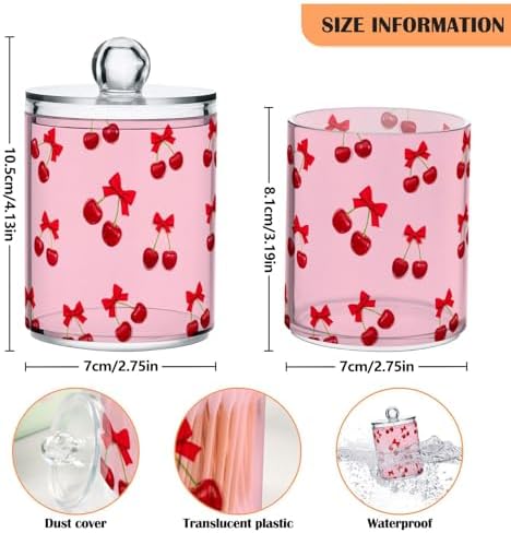 DOMIKING Bow Cherry Fruit Pink 2 Pack Cotton Swab Holder Dispenser Plastic Jar Bathroom Storage Canister Acrylic Containers for Cotton Ball Swab Round Pads