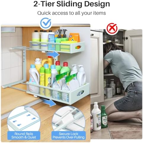 Under Sink Organizer, 2 Pack 2 Tier Pull Out Under Cabinet Organizer Shelf with Pad for Framed Cabinets, Metal Slide Out Under Sink Storage, Mesh Sliding Drawers for Kitchen Bathroom Laundry, Blue