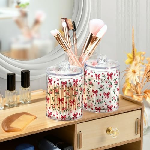 Gredecor 4 Pack Qtip Holder Clear Bows Ribbon Rose Apothecary Jars with Lids Acrylic Bathroom Jars Vanity Countertop Canister Storage Organizer for Cotton Ball,Swabs,Pads,Floss