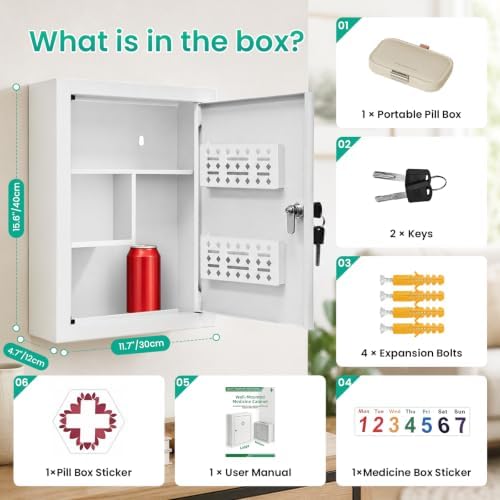 Metal Locking Wall-mounted Medicine Cabinet, Bathroom Medicine Cabinet Organizer with 3 Compartments & 2 Door Storage Bins, First Aid Cabinet for Home Bathroom Office, Weekly Pill Organizer Included