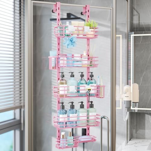 Consumest Over The Door Shower Caddy - 5 Tier Adjustable Shower Organizer Hanging with 2 Toothbrush Holders & 4 Hooks, Rustproof Organizer Shelf, Storage Rack for Bathroom, Pink