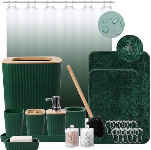 XLHOMO Green Bathroom Set, Bathroom Sets with Shower Curtain and Rugs