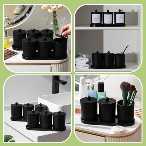 Chengu 6 Pack Cotton Swab Holder with Bamboo Lids and Trays and Labels Glass Round Swab Dispenser Cotton Ball Holder Glass Apothecary Jars Floss Pick Containers Bathroom Organizers(Black)
