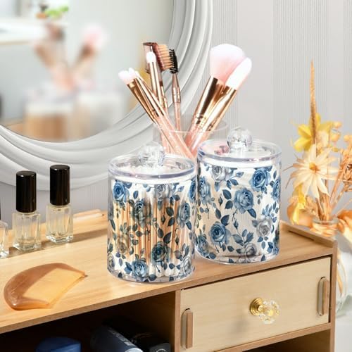 2 Pack Qtip Holder Organizer Dispenser Roses Blue Grey Bathroom Storage Canister Cotton Ball Holder Container for Cotton Pads/Swabs/Floss