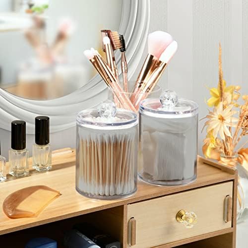 SHJI Grey Qtip Holder Organizer Dispenser Cotton Swabs Cans Plastic Jars with Lid Set 4 Pack Bathroom Storage Canister for Cotton Ball Floss Cotton Pads