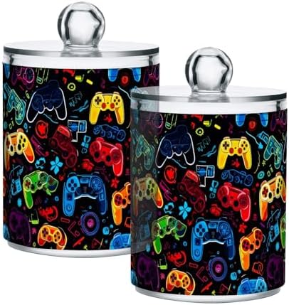 2 Pack Qtip Holder Dispenser with Lids, Funny Gaming Controllers Gamepad Plastic Storage Containers, Bathroom Canisters Organizer for Cotton Swab, Floss 21214875