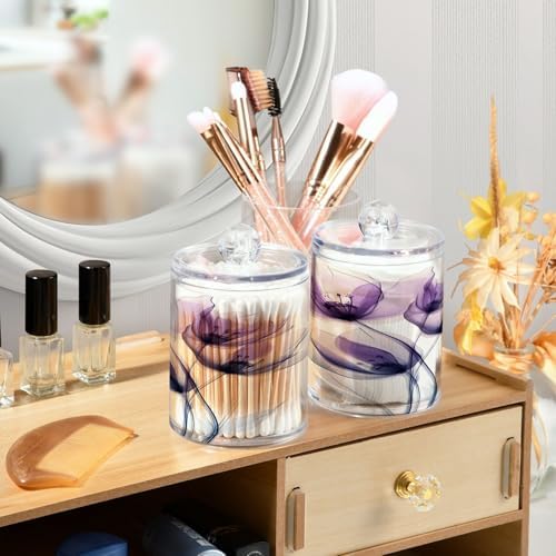 ALAZA 2 Pack Qtip Holder Purple Flower, Cotton Swab Dispenser with Lid Bathroom Containers Canister Organizer Storage Jar