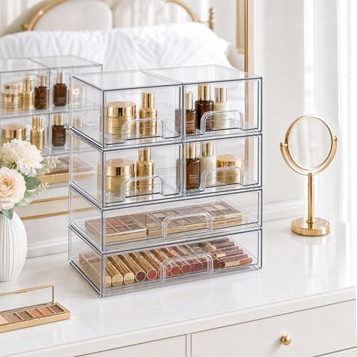 TIPGO Clear Stackable Storage Drawers, Acrylic Bathroom Makeup Organizer, Plastic Bins for Art Tool & Sketch, Sturdy and Durable Containers for Countertop, Cabinet, Vanity, Pantry Organization