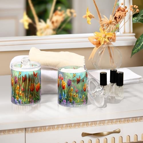 MNSRUU 4 Pack Qtip Holder Organizer Dispenser Easter Garden Tulips Daffodils Bathroom Storage Canister Cotton Ball Holder Bathroom Containers for Cotton Swabs/Pads/Floss