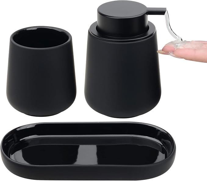 BosilunLife Ceramic Bathroom Accessories Set 3 Pcs | Liquid Soap Dispenser and Toothbrush Holder with Tray, Modern Farmhouse Vanity Decor, Black Housewarming Gift (Black-Liquid)