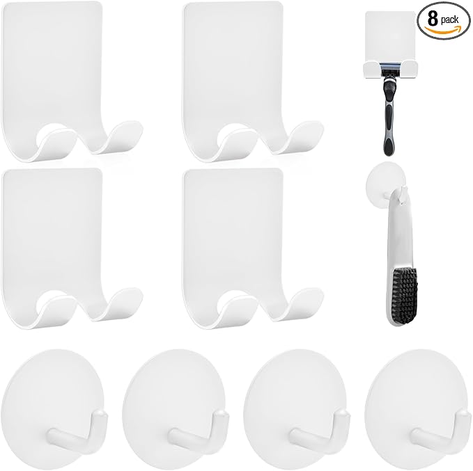Razor Holder for Shower + Adhesive Wall Hooks, Premium 304 Stainless Steel Shower Razor Holder with Heavy Duty Waterproof Sticky Hooks for Hanging Towels, Coat, hat (4+4 Pack) - White