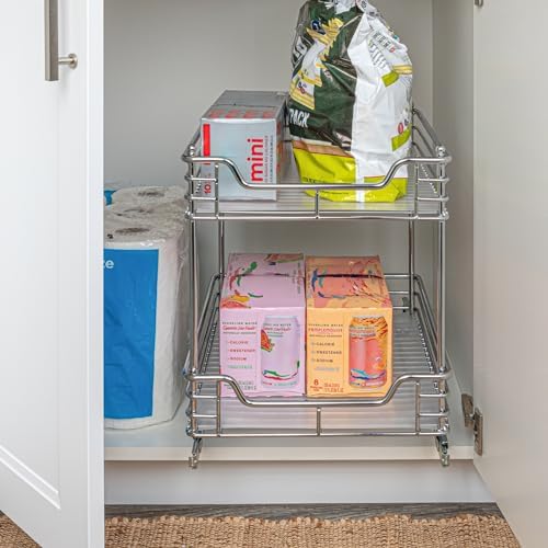 Household Essentials Glidez Chrome-Plated Steel Pull-Out/Slide-Out Storage Organizer with Plastic Liners for Under Cabinet Use - 2-Tier Design - Fits Standard Size Cabinet or Shelf, Chrome