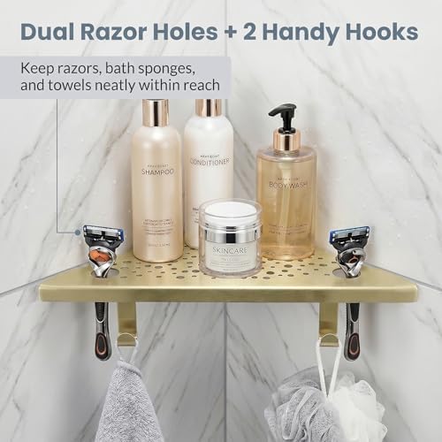 HIDROP Brushed Gold Corner Shower Shelf with Hooks and Razor Holes, 2 Pack