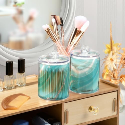 MNSRUU 2 Pack Qtip Holder Organizer Dispenser Blue Teal Marble Bathroom Storage Canister Cotton Ball Holder Bathroom Containers for Cotton Swabs/Pads/Floss