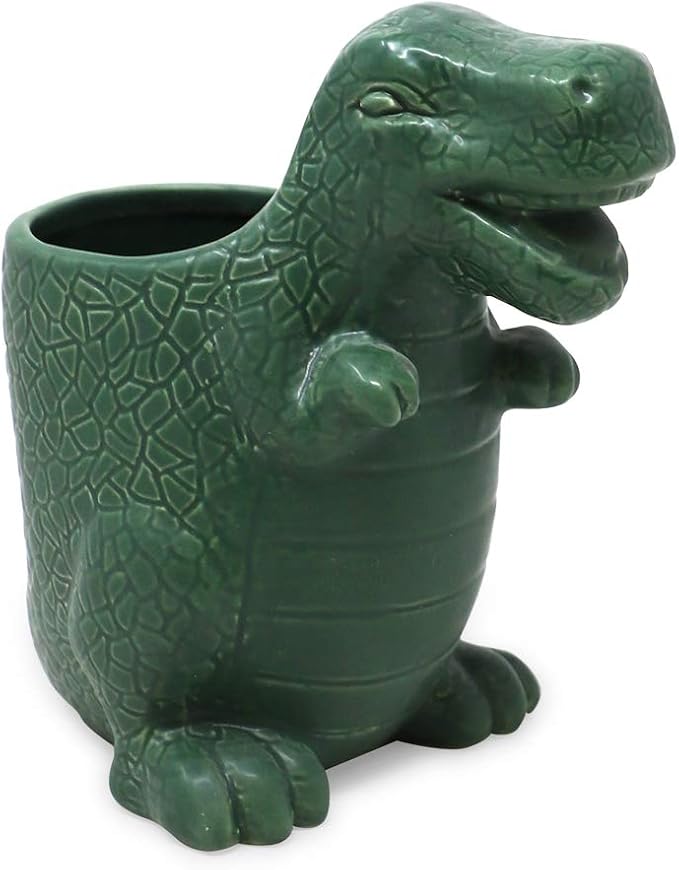 Isaac Jacobs Green Ceramic Dinosaur Cup, Toothbrush Holder, Multi-Purpose Organizer, – Great for Toiletries, Bathroom, Kitchen, Crafts, Desk, Novelty Bathroom Accessory (Single Cup, Green)