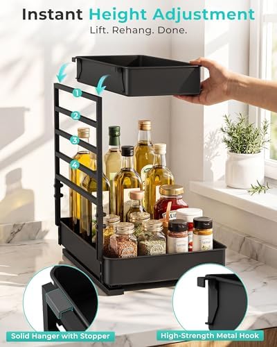 EVERIE Metal Pull Out Slide Shelf Organizer for Under Sink Organization in Kitchen, Bathroom, Counter, Cabinets, Minimum Available Space 13" Wide x 16.5" Deep (Black, 1 Set)