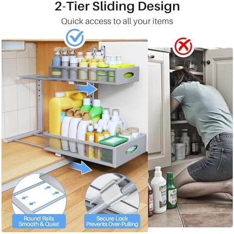Under Sink Organizer, 2 Pack 2 Tier Pull Out Under Cabinet Organizer Shelf with Pad for Framed Cabinets, Metal Slide Out Under Sink Storage, Mesh Sliding Drawers for Kitchen Bathroom Laundry, Grey