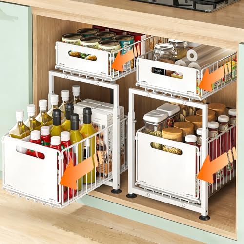 Under Sink Organizer, 2-Tier Multi-Use Kitchen and Bathroom Organizers and Storage, Slide Out Thickened Metal Under The Sink Organizer for Kitchen Bathroom Pantry (Style A White, 2 Pack)