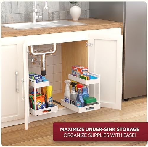 Sorbus Under Sink Organizer with Sliding Tracks – Pull Out Cabinet Organizer with Drawer & Installation Rails – Under Cabinet Bathroom Storage Organizer for Kitchen, Pantry, or Vanity –White 1 Pack