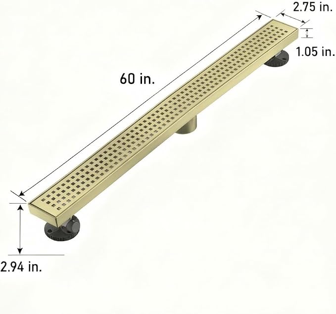 AVSIILE Linear Shower Floor Drain, Brushed Gold 60 Inch 304 Stainless Steel Bathroom Drains Kit, Long Rectangular Shower Trench Drain with Square Pattern Drain Cover & Hair Catcher