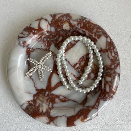 Natural Marble Round Vanity Tray Jewelry Makeup Dish Decorative Tray for Coffee Table,Bathroom,Bedroom (Calacatta Red)