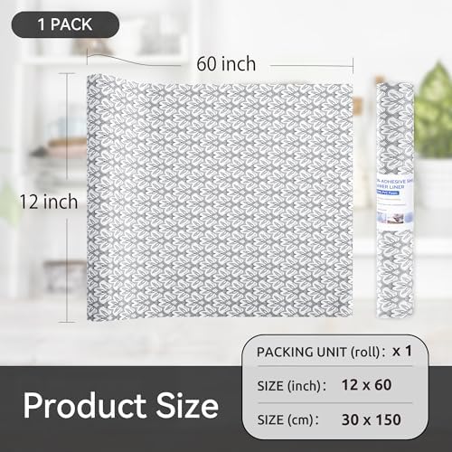 FIFTY FEET 12"x60" Non-Adhesive Shelf Liner for Kitchen Cabinets and Drawers, Washable Non-Slip PVC Cabinet Liner (Black Floral)(1 Roll)