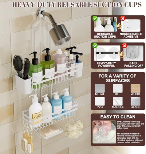 Shower Caddy Hanging for Bathroom Organizers and Storage, 3 Tier Adjustable Anti-Swing Shower Organizer hanging with Heavy-Duty Suction Cups, Damage-Free Rustproof (White)