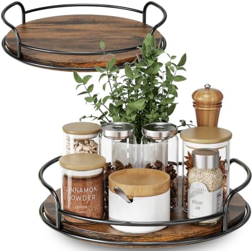 LAMU 2 Pack 9'' 12'' Lazy Susan Turntable Organizer for Table Top Cabinet, Wooden Lazy Susan for Kitchen, Pantry, Countertop, Bathroom Vanity, Spice Organization, Wood Decor