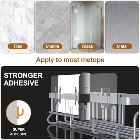 Getsrichfc Shower Caddy Adhesive, Rustproof Shower Shelves for Inside Shower, Large Capacity Bathroom Organizers and Storage, Shower Storage with Removable Hooks, No Drill Bathroom Accessories Grey