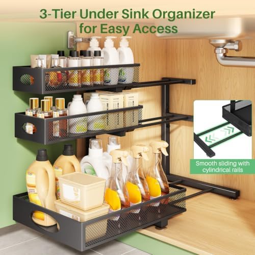 Kitstorack Under Sink Organizer 3-Tier Slide Out Drawer 1-Pack Black