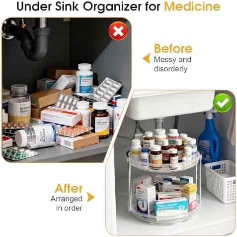 2 Pack Medicine Cabinet Organizer, Rotary Turntable Organizer for Medicine and Vitamin Bottles, Under Sink Organizer for Medicine, Bathroom Cabinet Storage, Easy Assembly, Transparent Clear
