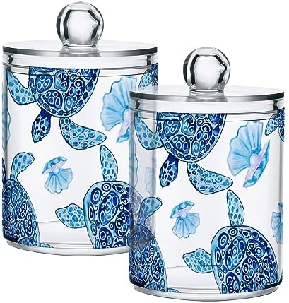 Qtip Holder Dispenser Apothecary Jars with Lids Blue Turtle Shell Clear Bathroom Container Cotton Swab Ball Holder 2 Pack