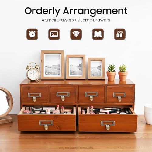 6-Drawer Vintage Desk Organizer Tabletop Apothecary Cabinet Vintage Wooden Drawers Library Card Catalog Cabinet for Store Medicine, Jewelry, Tea Collection (Brown)