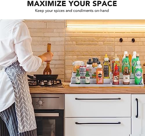 CiWiVOKi 3 Tier Expandable Spice Rack Organizer, White/Grey Plastic Spice Rack, Adjustable Length 14.6In-25.8In, 2 Pack Non-Skid Tiered Spice Shelf Organizer for Kitchen Cabinet, Cupboard, Pantry