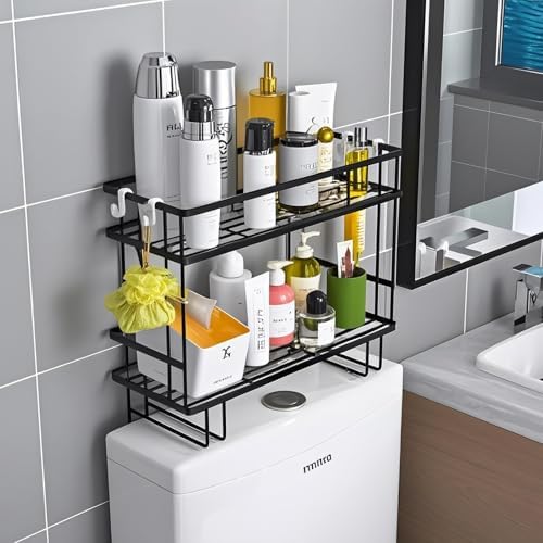 PowerKing Over The Toilet Storage Shelf, 2-Tier Bathroom Organizer, Black