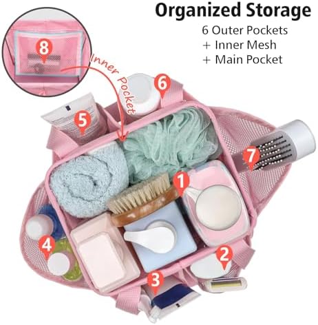 F-color Mesh Shower Caddy Portable - Stand Up 8 Pockets for Dorm, Pink