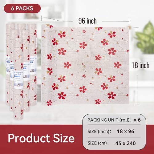 FIFTY FEET 18"x96" Non-Adhesive Shelf Liner for Kitchen Cabinets and Drawers, Washable Non-Slip PVC Cabinet Liner (Red Floral)(6 Roll)