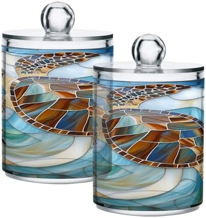 ALAZA Sea Turtle Abstract 2 Pack Qtip Holder Dispenser for Cotton Swabs, Balls, Pads, Floss 10 oz Plastic Canister Organizer