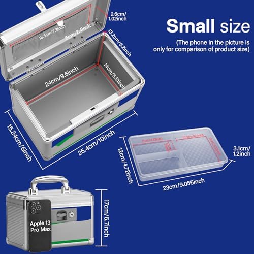 Medicine Lock Box for Safe Medication - 10 x 6 x 6.7 Inches - Lockable Storage Box for Drugs, First Aid Kit Empty, Lock Boxes with Key for Home/Outdoor (Blue/Small)