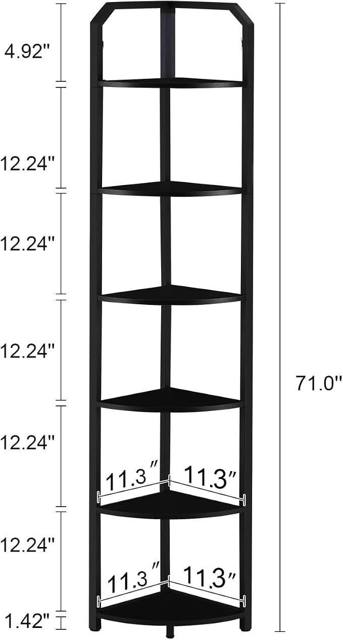 MNEETRUNG 71" Corner Shelf,6 Tier Industrial Corner Bookshelf, Freestanding Shelf Stand for Small Space,Home Office,Living Room,Bedroom,Black