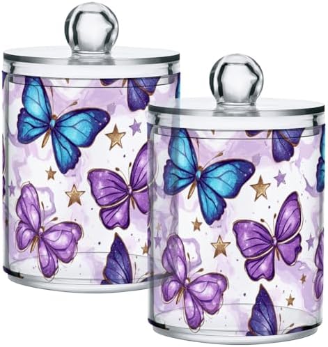 Gredecor 4 Pack Qtip Holder Clear Purple Butterflies (1) Apothecary Jars with Lids Acrylic Bathroom Jars Vanity Countertop Canister Storage Organizer for Cotton Ball,Swabs,Pads,Floss