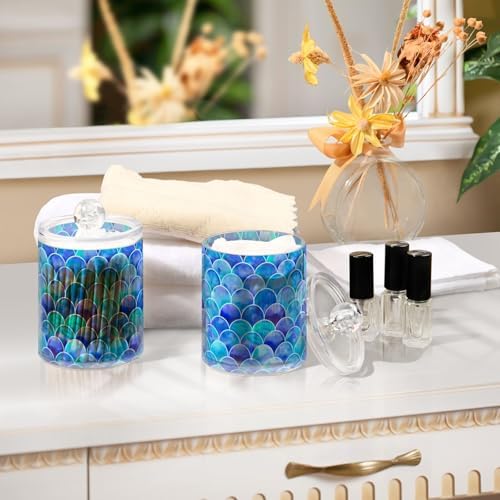 MNSRUU 4 Pack Qtip Holder Organizer Dispenser Blue Scales Of Mermaid Bathroom Containers Bathroom Vanity Storage Canister Apothecary Jars for Cotton Swabs/Pads/Floss