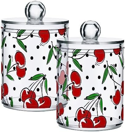 Cherry Fruits Polka Dots Canisters with Lids for Bathroom Vanity, Clear Plastic Jars Set of 2 for Cotton Balls, Cotton Pads, Qtips 4.13 x 2.75 inch