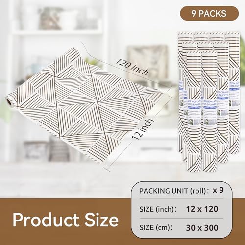 FIFTY FEET 12"x120" Non-Adhesive Shelf Liner for Kitchen Cabinets and Drawers, Washable Non-Slip PVC Cabinet Liner (Brown Modern)(9 Roll)