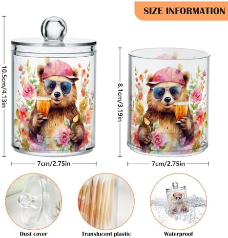 MNSRUU 4 Pack Qtip Holder Organizer Dispenser Animal Bears Pink Bathroom Storage Canister Cotton Ball Holder Bathroom Containers for Cotton Swabs/Pads/Floss