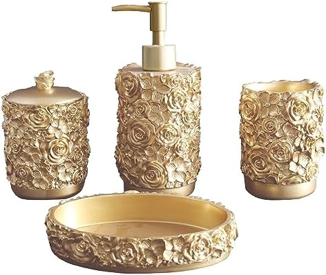 Hymmah Gold Bathroom Accessories Set,Rose Design Bathroom Set,Farmhouse Bathroom Decor,4 Pcs Resin Gift Set Apartment Necessities, Contain Cotton Swab Jar,Soap Dispenser,Soap Dish,Tumbler White
